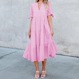 Pink Elegant Women's Casual V Neck Plaid Midi Maternity Dress